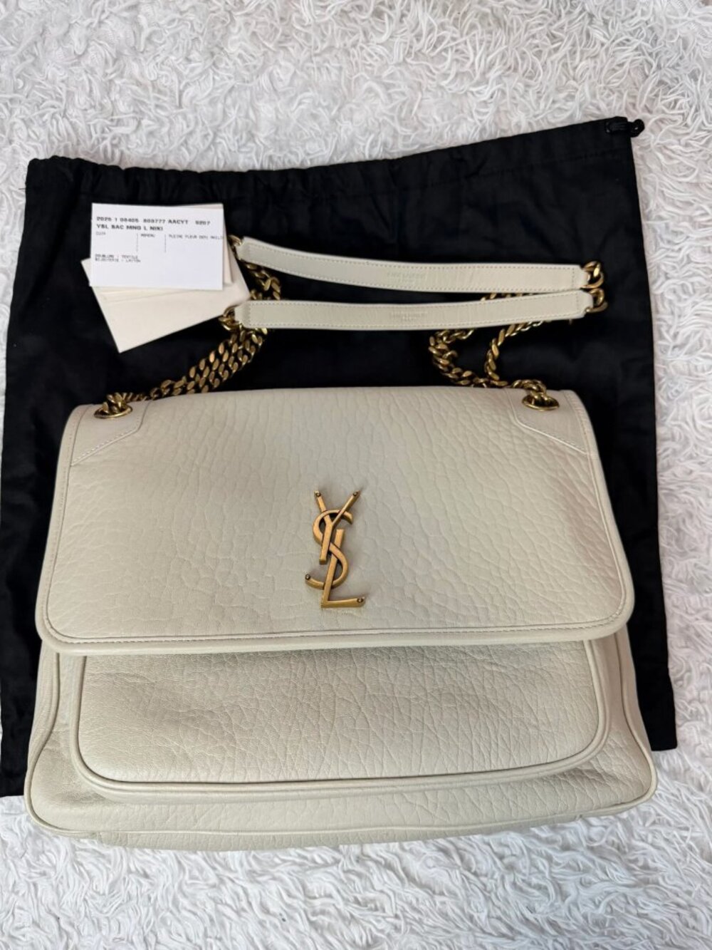 SAINT LAURENT Grained Lambskin Monogram Large Niki Chain Satchel in Crema Soft